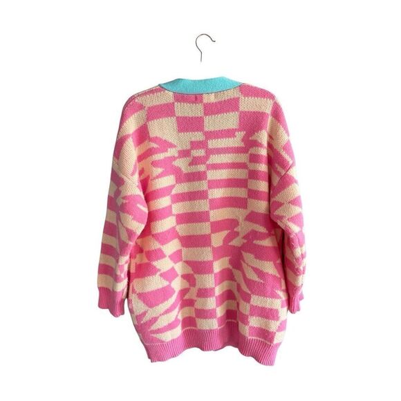 Listicle Womens Pink Blue Geometric Retro Button Front Oversized Cardigan Medium - Picture 3 of 8